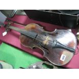 An Early XX Century Violin, with one piece back, length 36cm; together with a bow with mother of