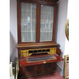 Edwardian Walnut Secretaire Book Cabinet, with stepped pediment glazed upper doors, fall front