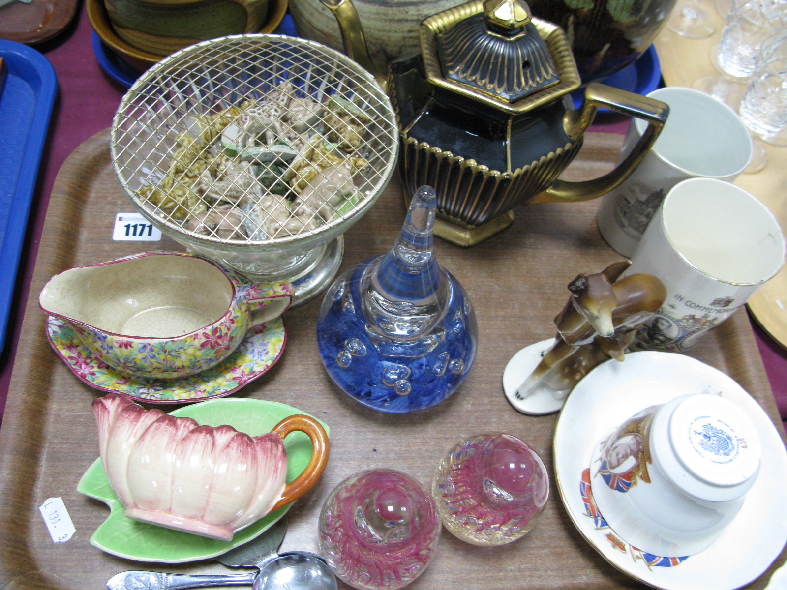 Wade Whimsies, Royal Winton 'Wild Flowers' and Shorter sauce boats, glass paperweights,