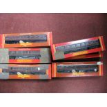 Six Hornby 'OO' Gauge/4MM LMS (Crimson) Coaches, three Ref R474 Composite, three Ref R474 Brake/3rd,