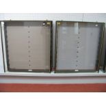 Two Wall Mounted Glass Display Cases, with glass shelves, 74cm x 85cm x 9cm. Note: glass fonts