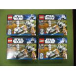 Four Lego Star Wars #7913 Clone Trooper Battle Packs, instruction booklets present, unchecked,