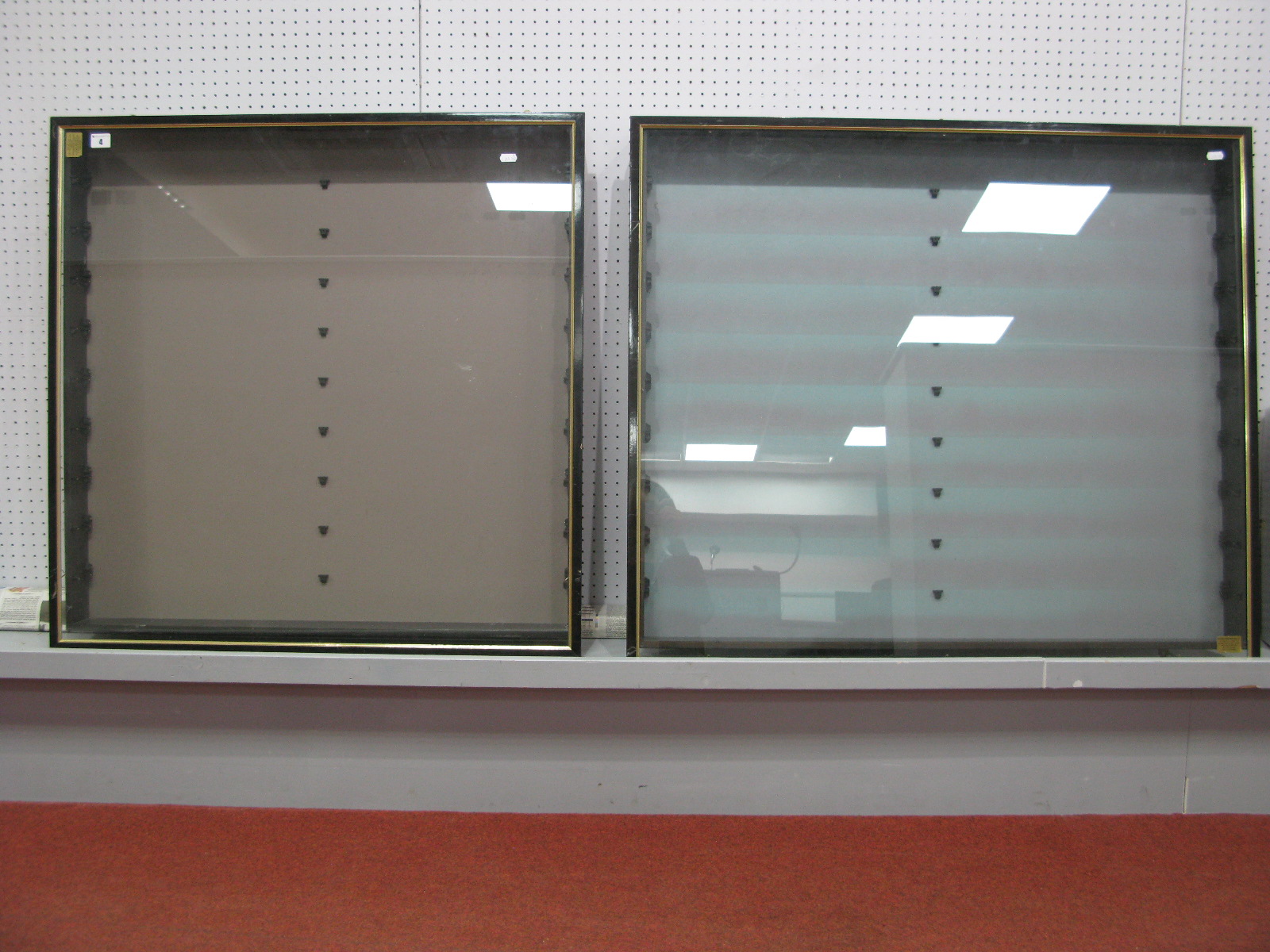 Two Wall Mounted glass Display Cases, with glass shelves, 1 x 71cm x 81cm x 9cm, 1 x 95cm x 85cm x