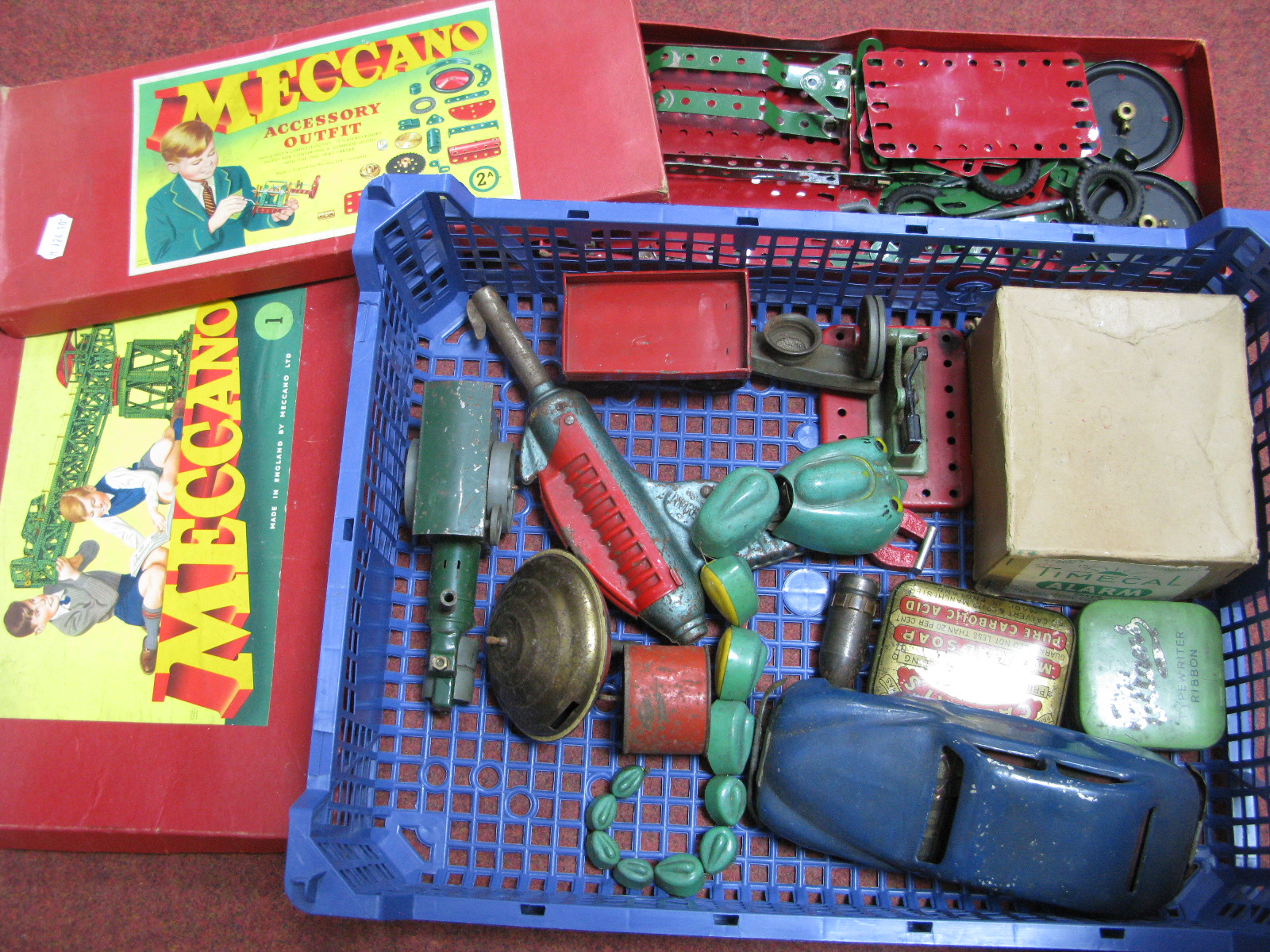 A Quantity of Mid XX Century Toys, including a tin space gun, Meccano. Minic, Chad Valley, among