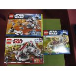 Three Lego Star Wars Sets, comprising of #7929 The Battle of Naboo, #8091 Republic Swamp Speeder, #