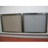 Two Wall Mounted Glass Display Cases, with glass shelves, 95cm x 85cm x 9cm. Note: glass fronts need