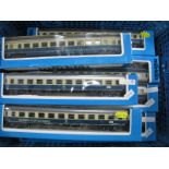 Seven Maklin 'HO' Gauge Continental Outline"DB" Railway Coaches, boxed, blue/cream livery Ref No's