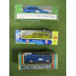 Three 1:43rd Scale Russian Diecast Model Cars, Moskvitch 'Post of Belarus', Lada 2121 St. Petersburg