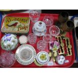 A Tin of Mixed Coinage, pair of brass goblets, trinket boxes etc:- One Tray