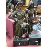 After S Kinsburger bronzed spelter figure of Maiden with Sickle, 44.5cm high, another similar (