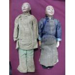 Two Pre-War Composition Oriental Male Dolls, 26cm tall.