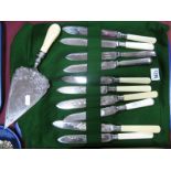 A Set of Knife Samples, some with decorative blades, in a fabric cutlery roll; together with a JB&