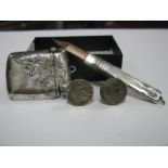 A Chester Hallmarked Silver Vesta Case, leaf engraved; together with a pair of gent's cufflinks