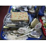 A Silver Plated Spill Vase, cutlery, models, dressing table ware etc:- One Tray