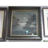 Early XX Century Painting on Fabric, Mount Fuji at moonlight, 52.5cm square.