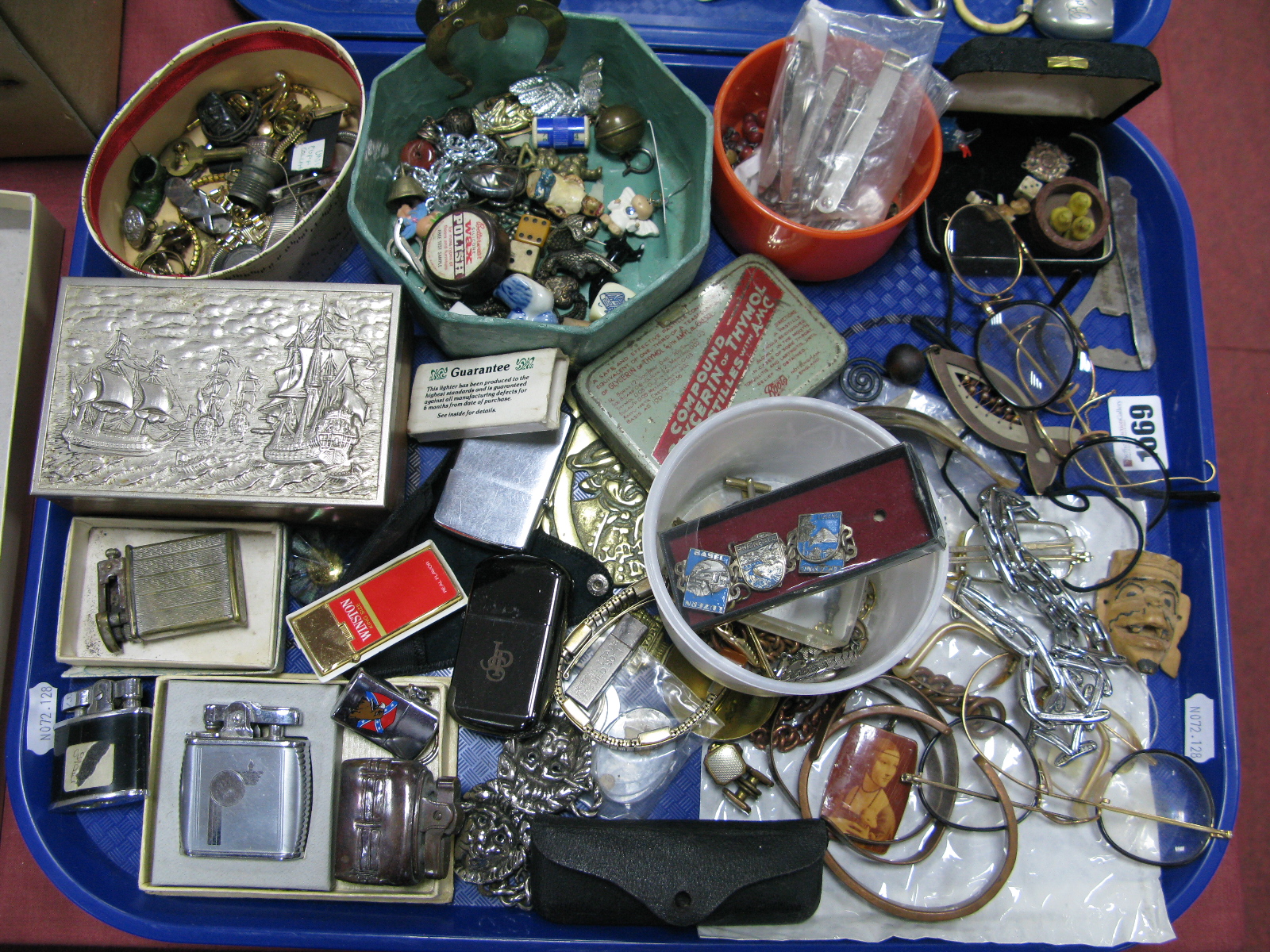 Cigarette Lighters, wooden box, spectacles, brass caddy spoon, chains etc:- One Tray