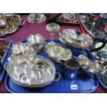 A Plated Three Piece Tea Set, pair of hallmarked silver napkin rings, oval dish, jug and sugar