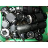 A Quantity of SLR Film Camera Lenses: Top-Max 420-800mm Super Telephoto; Miranda 75-300mm lens;