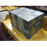 A XIX Century Pine Box, with Iron strap work, carrying handles, label inside, (Finnigans, Deansgate,