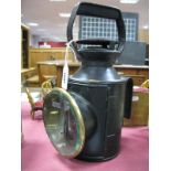 British Railways Hand Carry Lamp, black painted metal, brass rim to bevelled glass front, stamped "