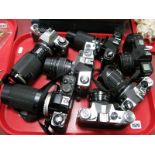 Seven SLR Film Camera's including Olympus OM10 (80-200mm lens), Nikon F-301 (80-200mm lens),