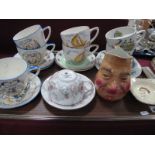 Crown Devon Pottery 'Frigate in Full Sale', 'Regatta', tapestry 'Camelot' cup and saucers, Queen