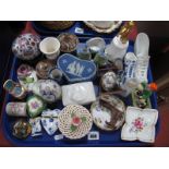 Limoges and Other Trinket Boxes, Royal Doulton 'Harmony' bell, pottery shoes etc:- One Tray