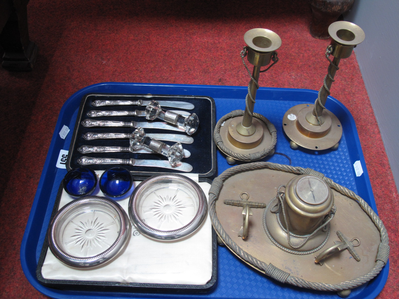 A Pair of Hallmarked Silver Mounted Glass Knife Rests, a pair of glass coasters, cased set of tea