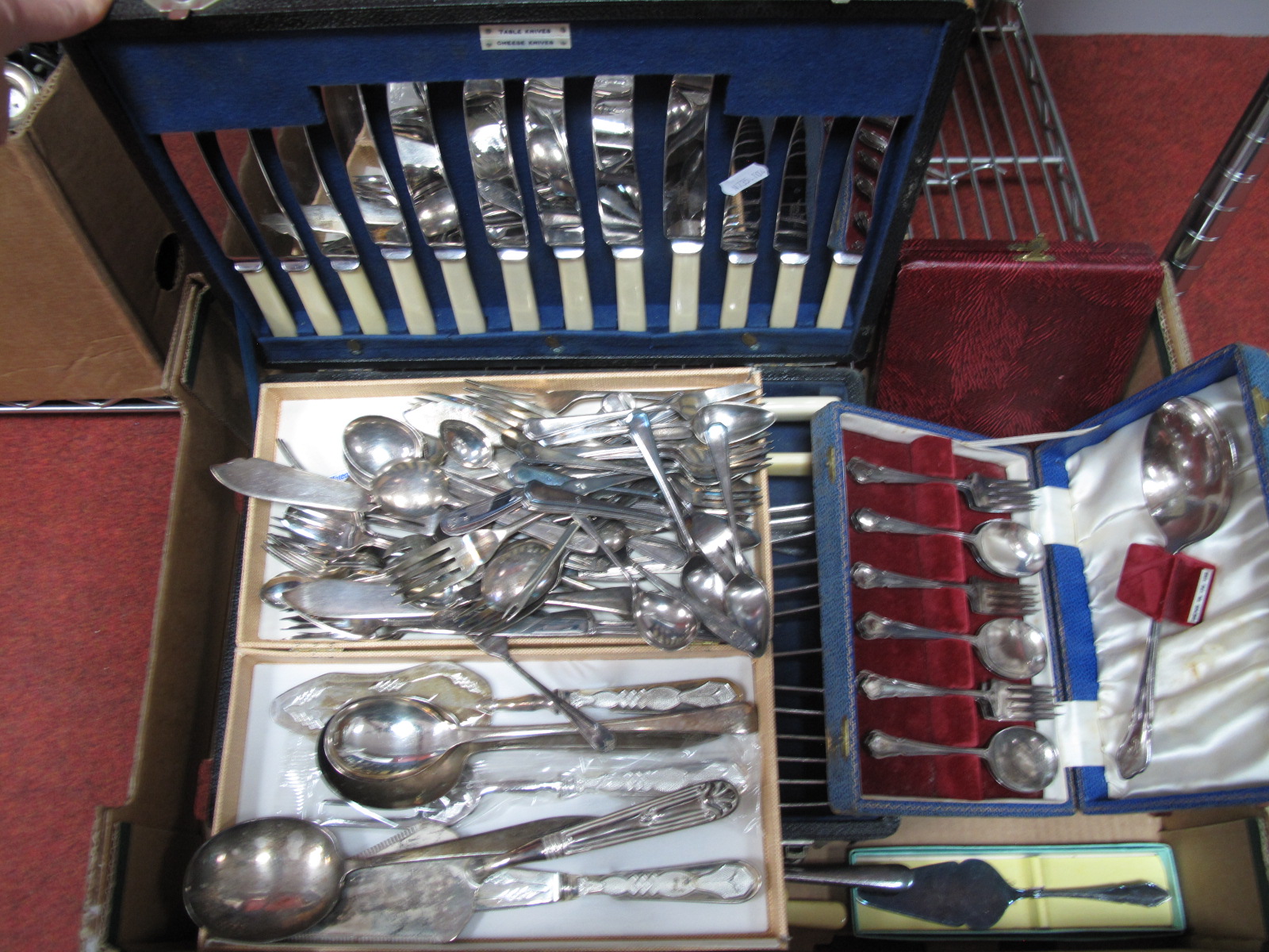 Assorted Plated Cutlery, including cased canteen, dessert servers, teaspoons, cased sets, etc:-