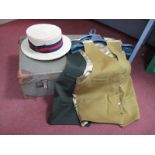 An Italian Straw Boater, two waist coats, Garstin Green canvas covered suit.
