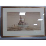 W. Baker, Three Shipping Boats, beached with figures in foreground, watercolour signed and dated