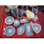 Wedgwood Powder Blue Jasper Ware Boxes, ashtrays, vases, later deep blue jug:- One Tray