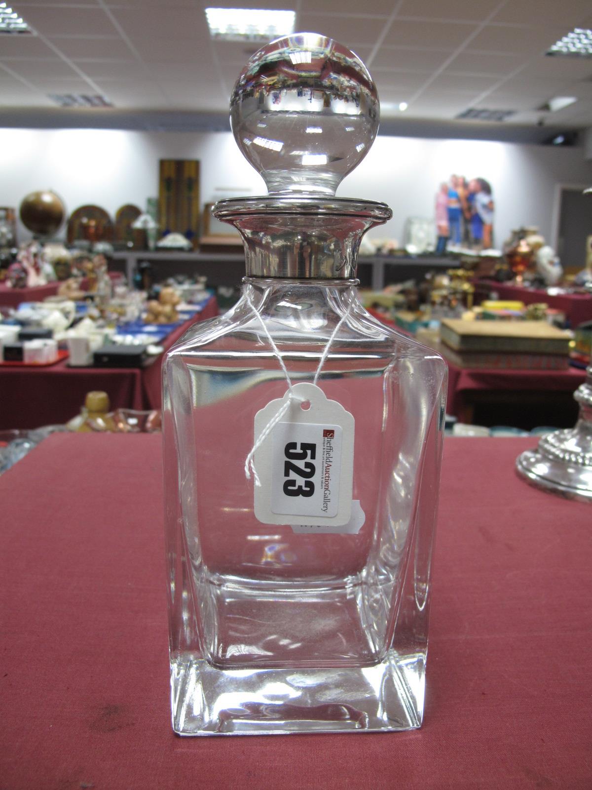 A Modern Hallmarked Silver Mounted Plain Glass Decanter, Birmingham 2003, with plain glass stopper.