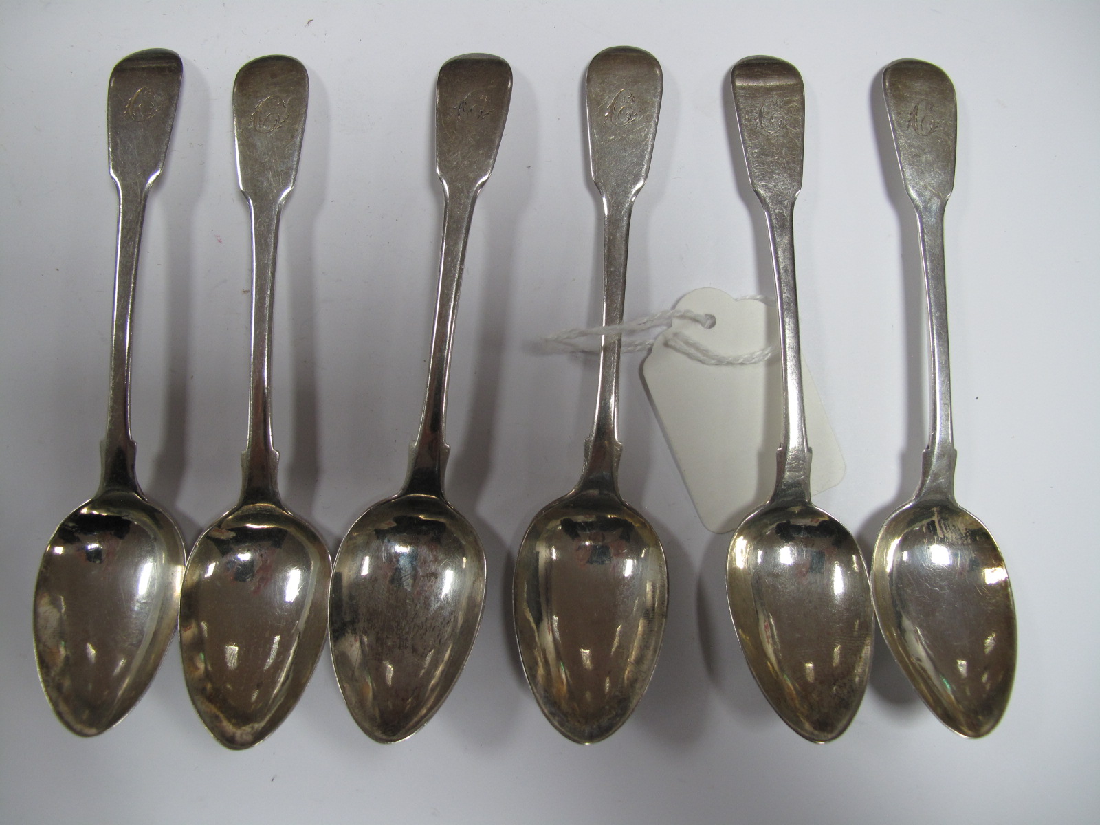 A Set of Six Part Hallmarked Silver Fiddle Pattern Teaspoons, SP, possibly London 1820(?),