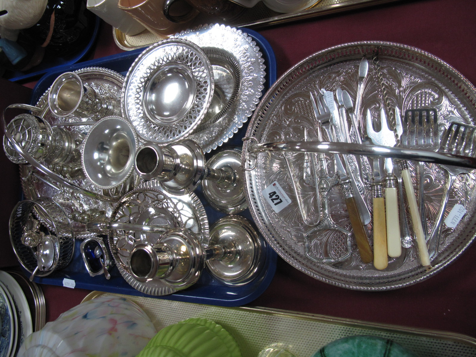 Assorted Plated Ware, including servers, pair of candlesticks, dishes, knife rests, posy, vase,