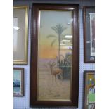 Coloured Print, Ibex by Palm Tree, 89.5 x 31.5cm, in oak frame.