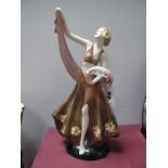 Continental Porcelain Figurine of Art Deco Lady Dancer on Black Oval Base, impressed 15509, 28.5cm