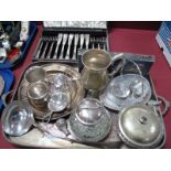 A Hallmarked Silver Scent Bottle Stopper, plated ladle, sardine dish, christening mugs etc. on a