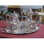 A Modern Plated Four Piece Tea Set, each of plain baluster form with textured foliate capped