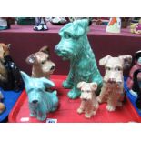 Sylvac Tan Terriers 19 x 12cm high. similar larger green example,(damaged) two others.