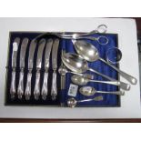 Three Hallmarked Silver Spoons, a hallmarked silver napkin ring, cased set of six tea knives,