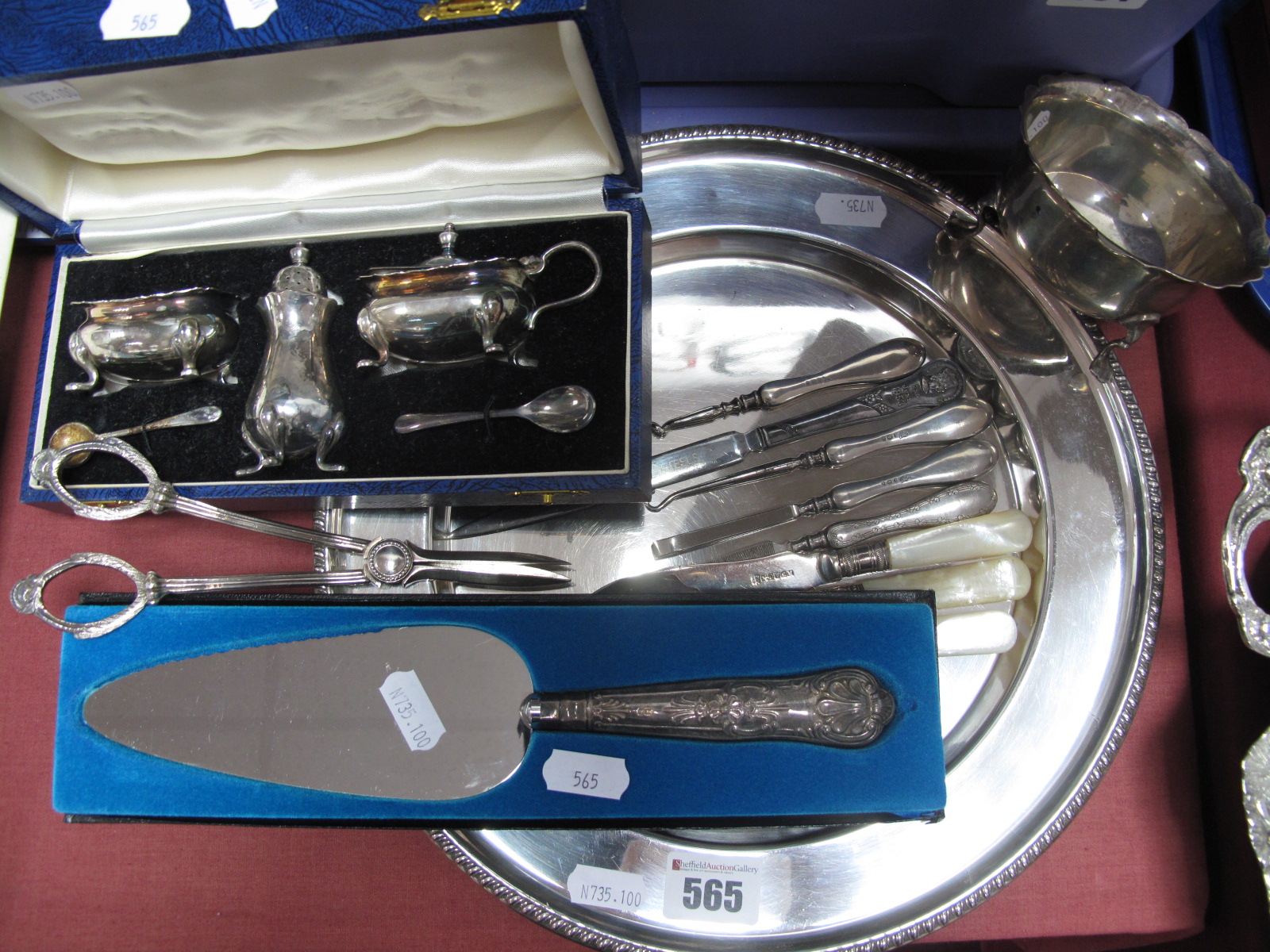 A Hallmarked Silver Sugar Bowl, with wavy cut edge; together with a hallmarked silver handled cake