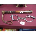 Hiatt Best Chromed Metal Handcuffs, with key; turned wooden truncheon, 37cm long.