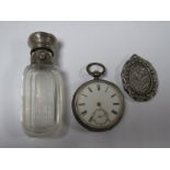 Silver Cased Pocket Watch, oval silver locket with thistle to front, scent bottle. (2)