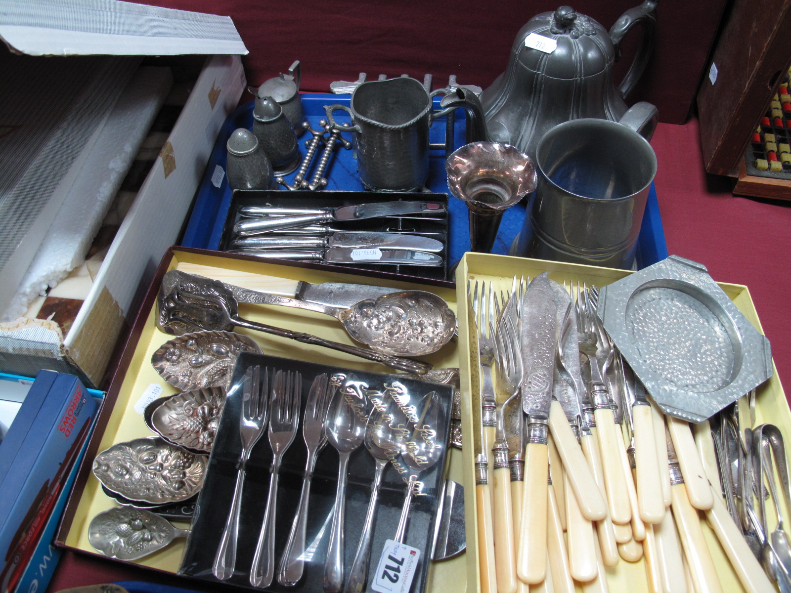 Plated Ware, including assorted cutlery, Arts & Crafts style pewter cruet, Art Deco toast rack etc.