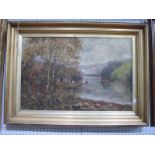 M. Potter, Cattle Watering by Riverside, oil on canvas, 39 x 59cm, signed lower left.