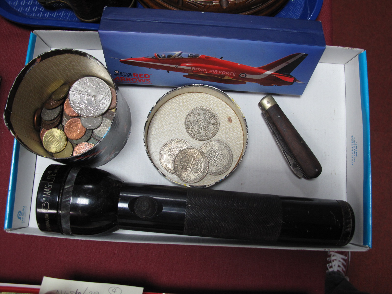 Four Pre 1947 Crowns, other coinage, pen knife, mag lite torch, Red Arrows pen.