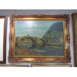 A Mid XX Century Arched Bridge Scene, oil on boards, 43.5 x 59cm.