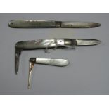 A Hallmarked Silver and Mother of Pearl Single Blade Folding Fruit Knife, initialled; a pocket