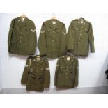 Five British Post War No 2 Khaki Tunics/Jackets, sometimes with trousers, The Blue and Royals